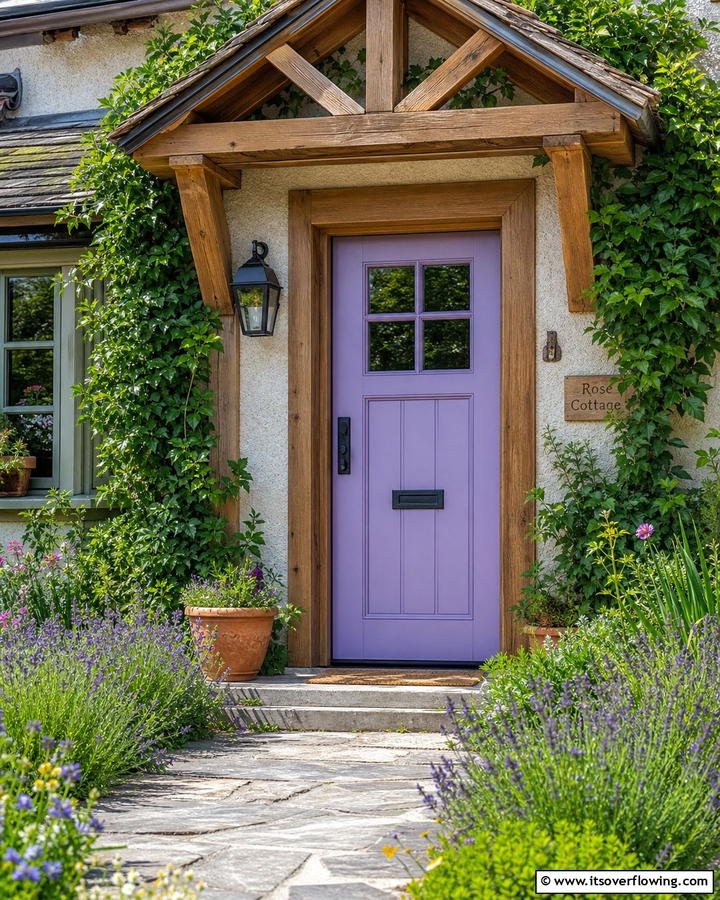 Lavender Door with Natural Wood Frame - 20 Lavender Front Door Ideas for a Welcoming Entrance