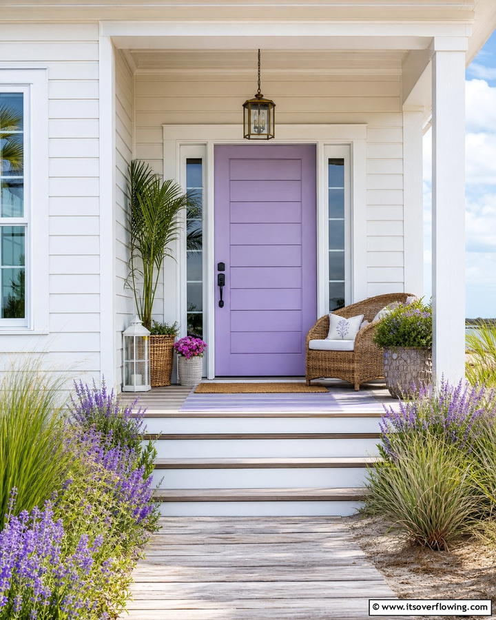 Lavender Door with Shiplap Detailing - 20 Lavender Front Door Ideas for a Welcoming Entrance
