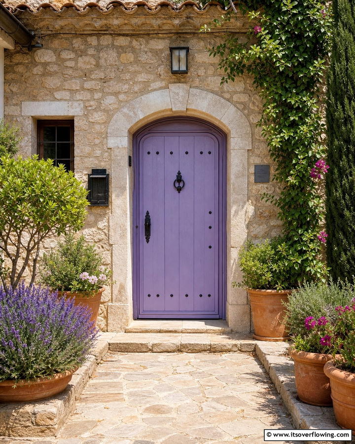Lavender Door with Stone Surroundings - 20 Lavender Front Door Ideas for a Welcoming Entrance