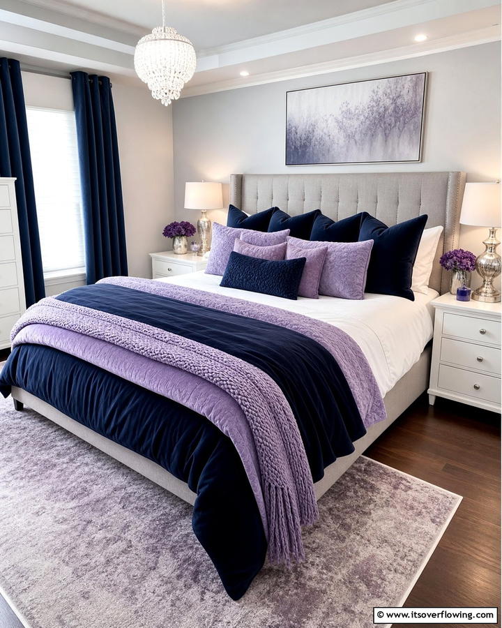 Lavender and Navy Bedding Layers - 20 Blue and Purple Bedroom Ideas- Vibrant & Cozy Designs