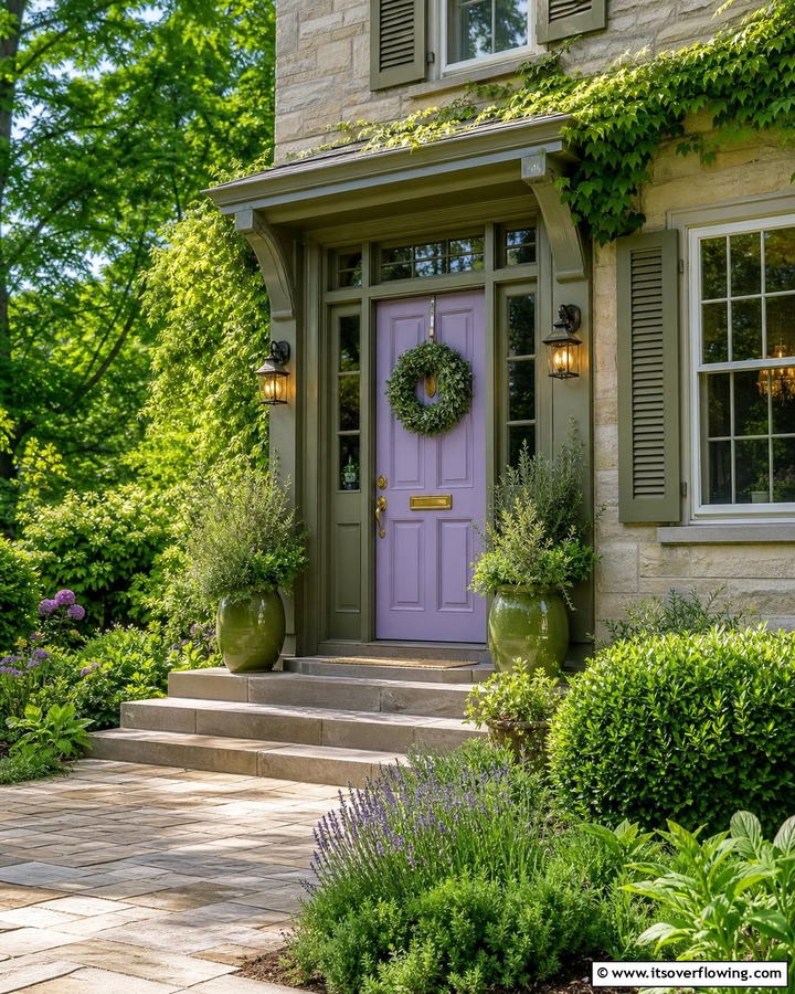 Lavender with Olive Green Accents - 20 Lavender Front Door Ideas for a Welcoming Entrance