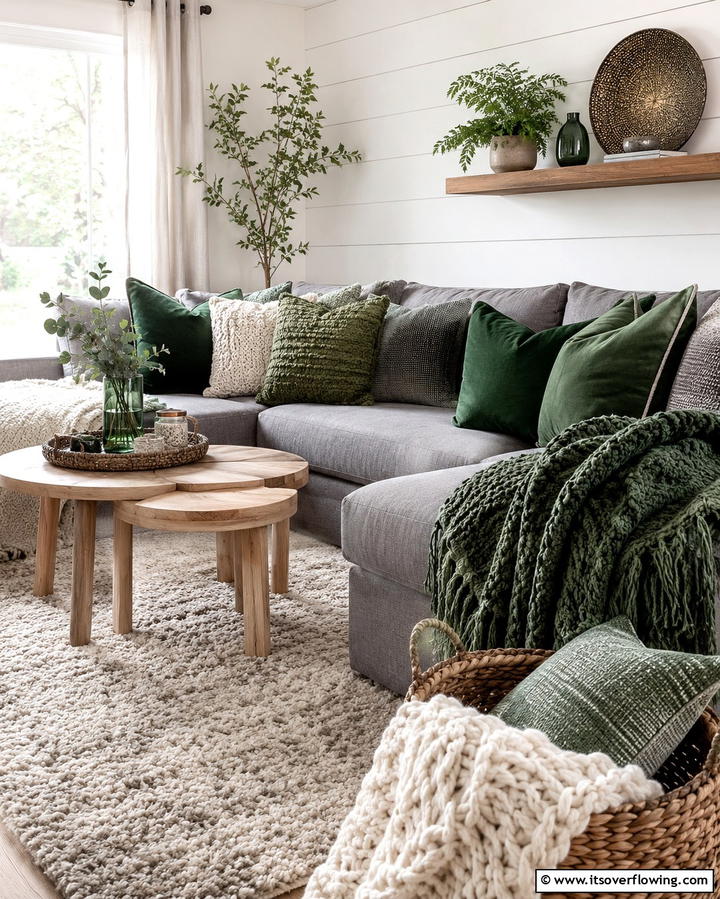 Layer Green Textures with Throw Pillows and Blankets - 25 Green Living Room Ideas for a Fresh and Calming Space