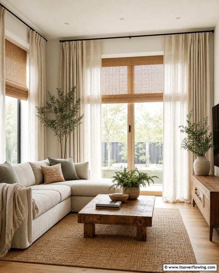 Layer Natural Curtains - 25 Earthy Living Room Decor Ideas for a Cozy Ambiance