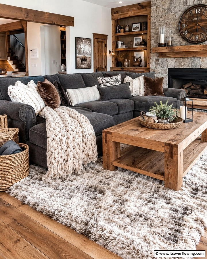 Layer Textures for Depth and Warmth - 30 Grey Couch Living Room Styling Ideas for Cozy Spaces