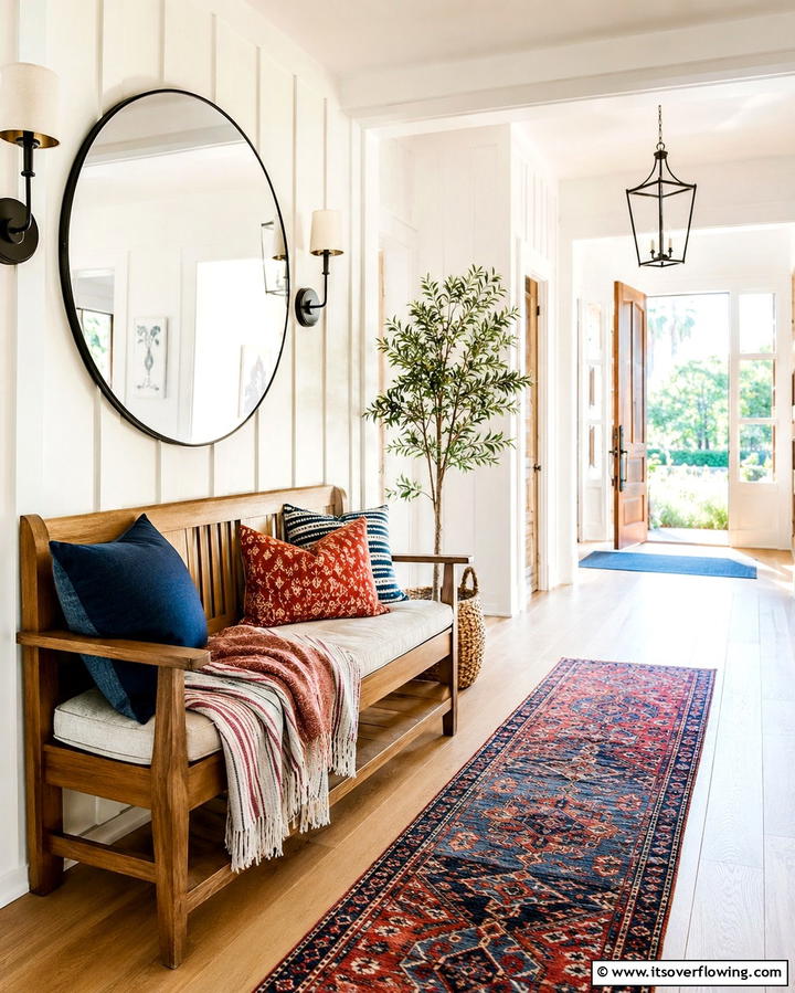 Layer Textures with a Bench - 30 Bohemian Hallway Decor Ideas for a Welcoming Entryway