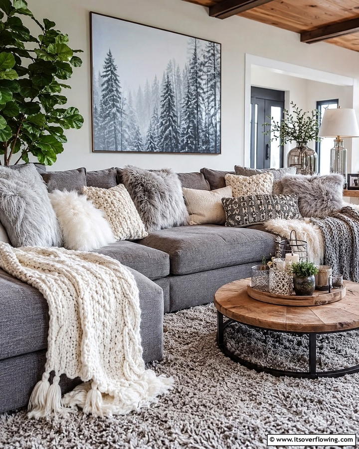 Layer with Cozy Textiles - 30 Grey Couch Living Room Styling Ideas for Cozy Spaces