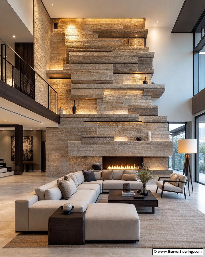 Layered Architectural Depth - 21 Rustic Stone Fireplace Designs for Cozy Living Rooms