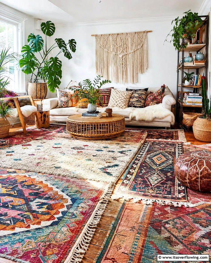 Layered Area Rugs - 25 Colorful Boho Living Room Ideas for a Vibrant Space