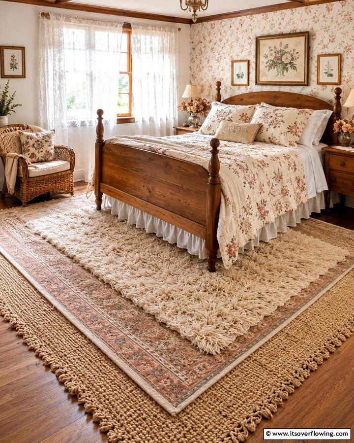 Layered Area Rugs - 25 Cottagecore Bedroom Ideas- Cozy & Rustic Designs