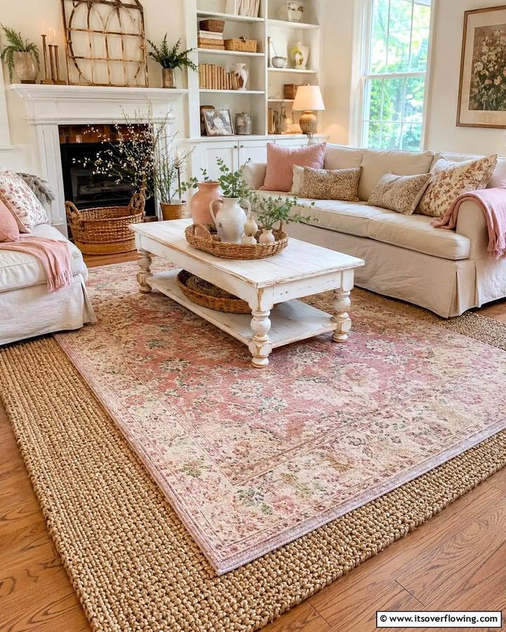 Layered Area Rugs - 25 Shabby-Chic Style Living Room Ideas for a Vintage Look