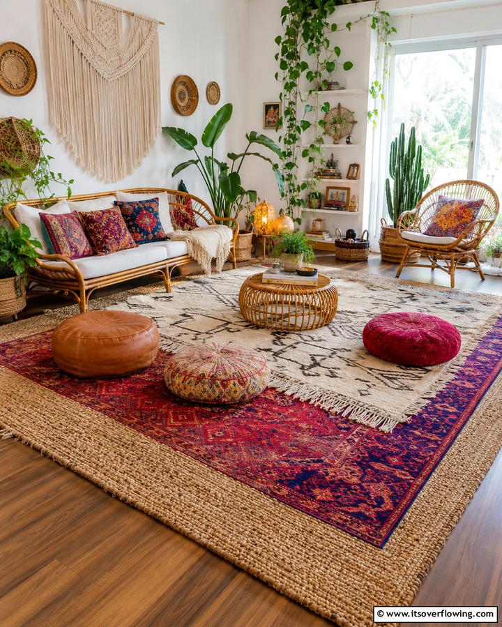 Layered Area Rugs - 25 Vibrant Colorful Boho Decor Ideas for Your Space