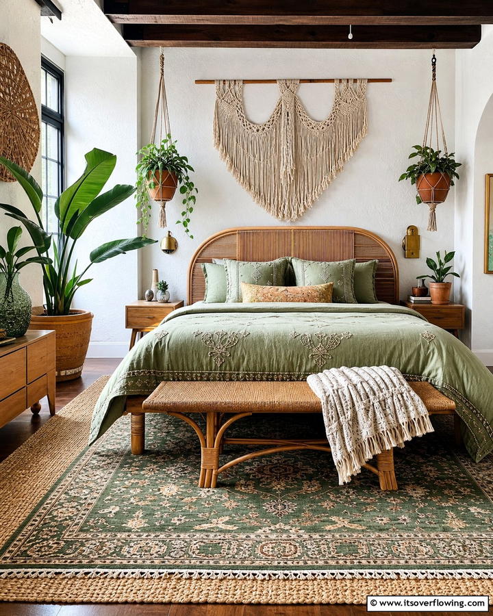 Layered Area Rugs - 20 Green Boho Bedroom Ideas for a Relaxing Retreat