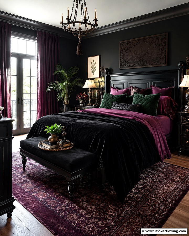 Layered Bedding in Rich Fabrics - 25 Gothic Boho Decor Ideas for a Unique and Eclectic Style