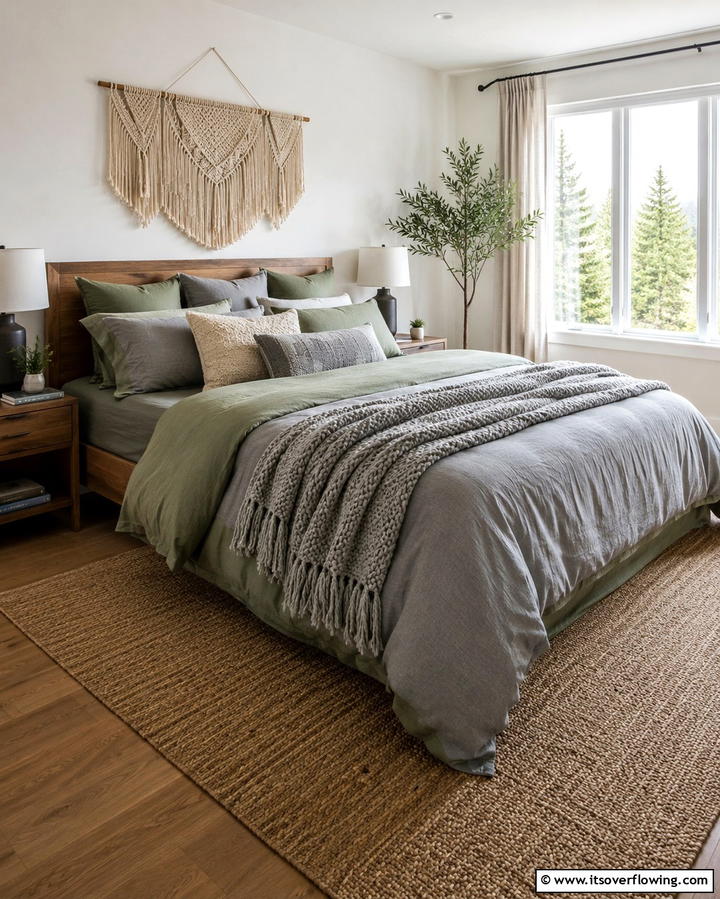Layered Bedding in Sage and Grey Tones - 25 Sage Green and Grey Bedroom Ideas for a Serene Retreat