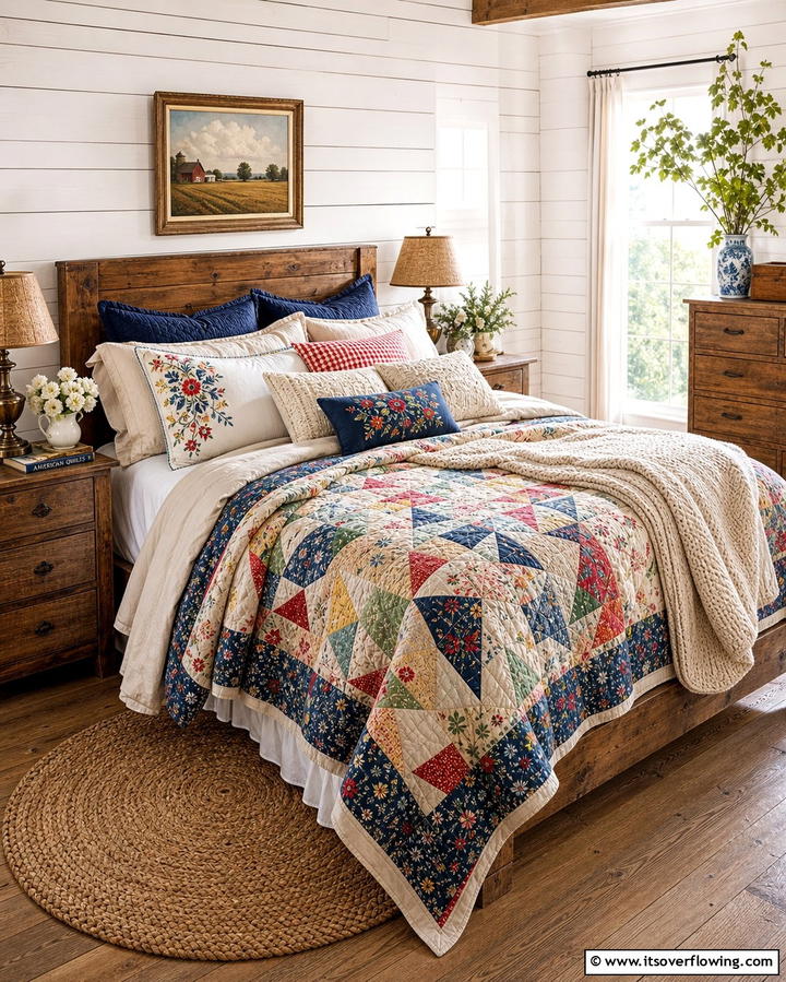 Layered Bedding with Quilts - 25 Country Bedroom Ideas- Cozy & Rustic Designs
