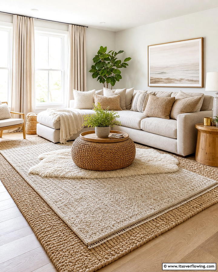 Layered Beige Rugs for Warmth - 21 Elegant Beige Living Room Ideas for Timeless Comfort