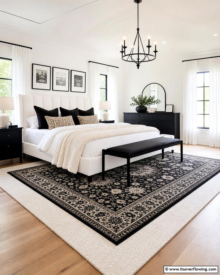 Layered Black and White Rugs - 20 Feminine Black and White Bedroom Ideas for Elegance