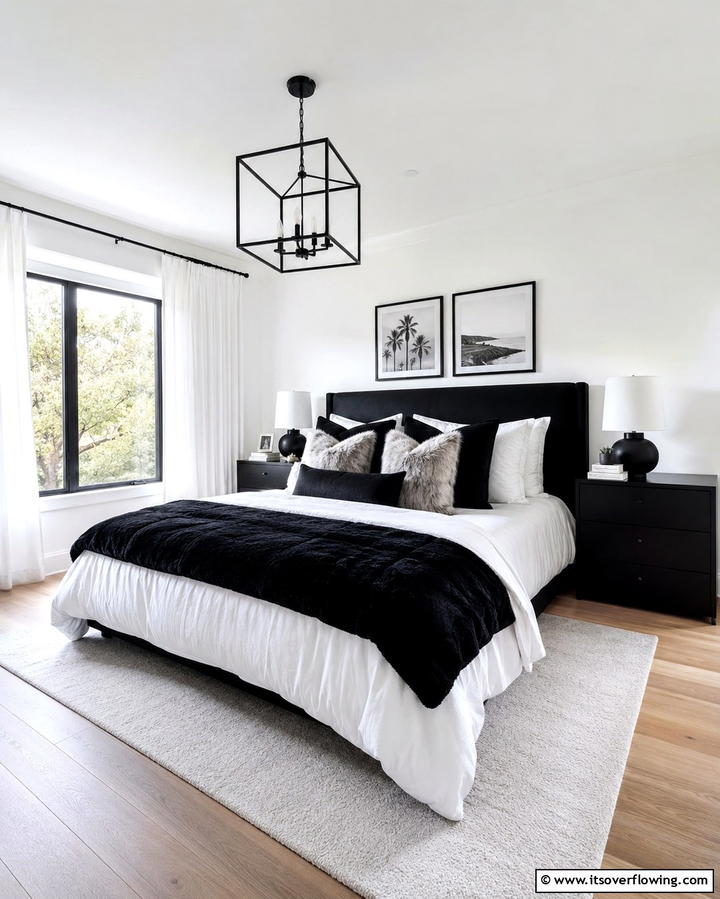 Layered Black and White Textiles - 25 Black and White Bedroom Ideas for a Timeless Design