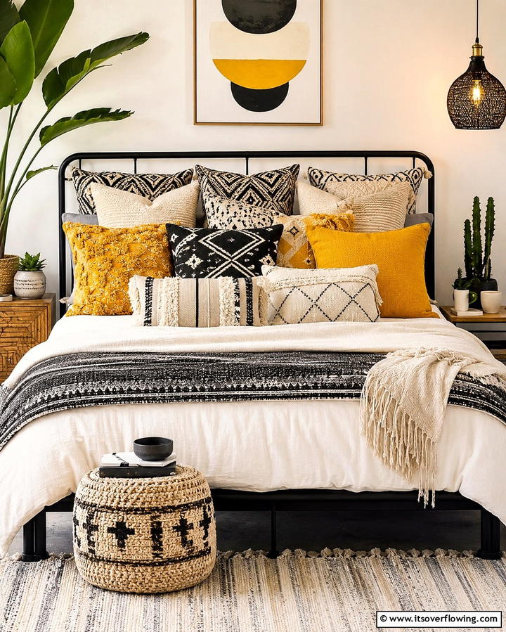Layered Bohemian Pillows - 30 Moody Dark Boho Bedroom Decor Inspirations for Cozy Nights