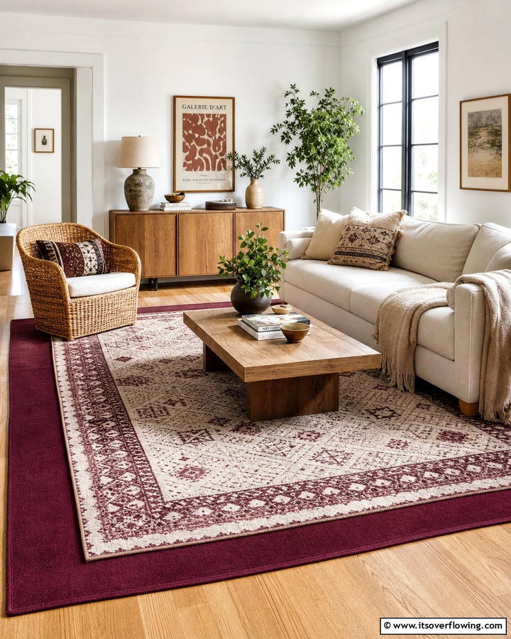 Layered Burgundy Rugs - 25 Burgundy Living Room Ideas for a Rich and Cozy Look