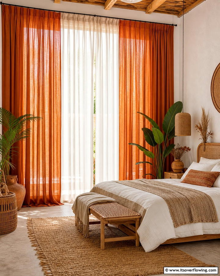 Layered Burnt Orange Curtains - 20 Boho Burnt Orange Bedroom Ideas for a Warm Ambiance