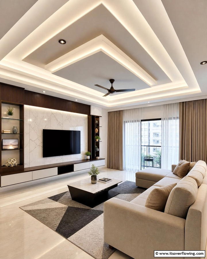 Layered Ceiling Design - 20 Living Room False Ceiling Design Ideas to Elevate Your Space