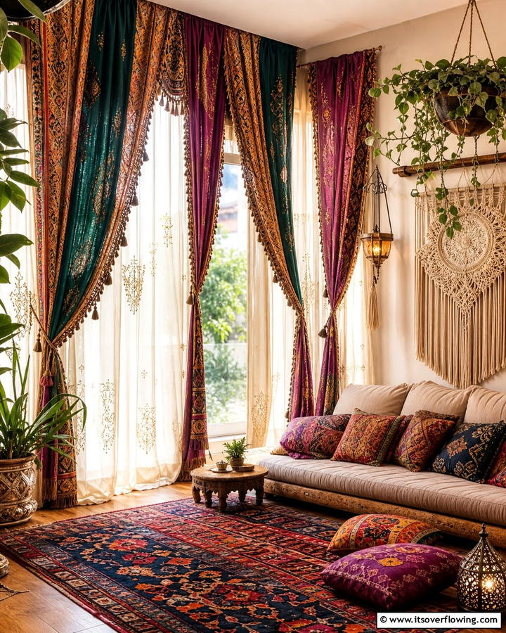 Layered Curtains and Drapes - 20 Gypsy Bohemian Living Room Ideas for Free Spirits