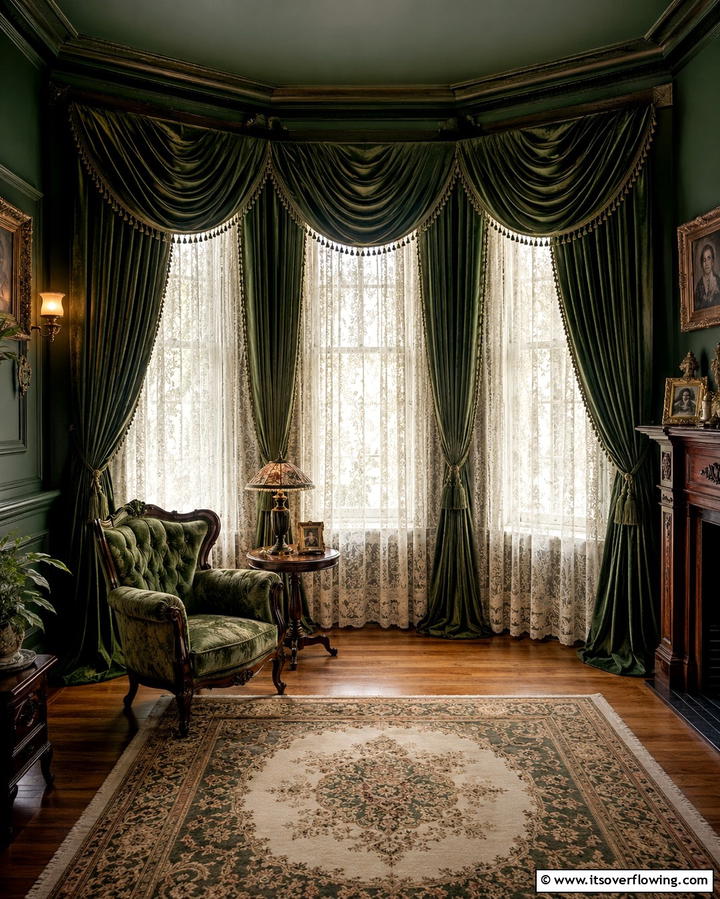 Layered Drapery - 25 Victorian Dark Green Living Room Ideas for Drama
