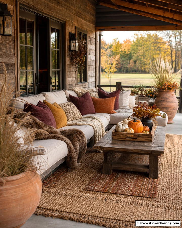Layered Fall Textiles - 21 Fall Porch Decor Ideas for a Warm Autumn Welcome