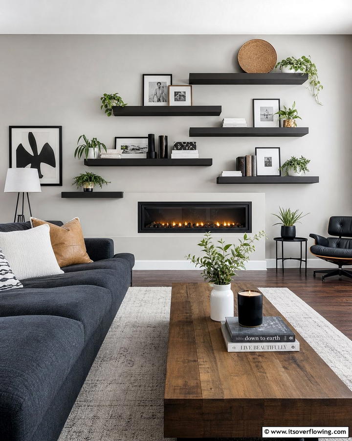 Layered Floating Shelves for Depth and Dimension - 20 Fireplace Floating Shelves Design Ideas for Cozy Homes