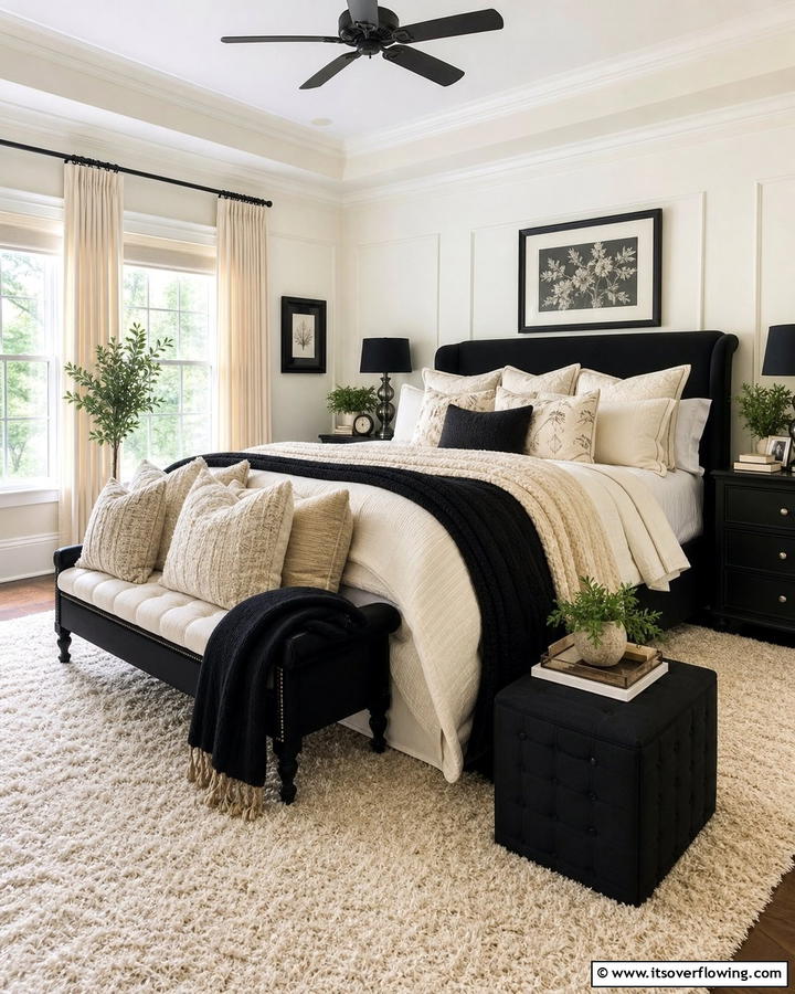 Layered Furnishings for Cozy Vibes - 21 Cream & Black Bedroom Ideas- Sophisticated Contrast