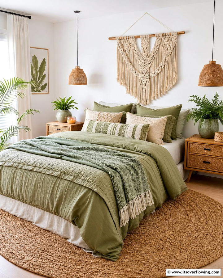 Layered Green Textiles - 20 Green Boho Bedroom Ideas for a Relaxing Retreat