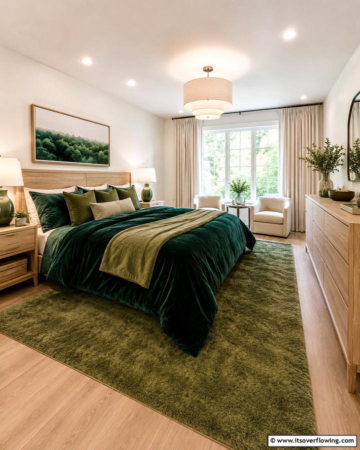 Layered Green Textures - 30 Jungle-Themed Bedroom Ideas- Wild & Whimsical Decor