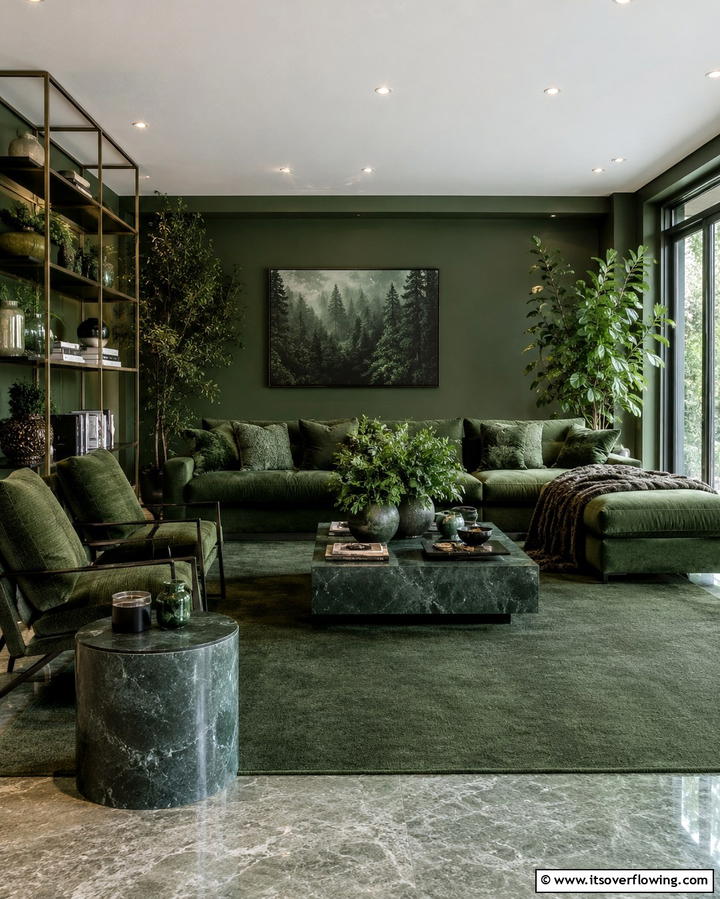 Layered Green Textures - 30 Forest Green Living Room Ideas for Nature-Inspired Interiors