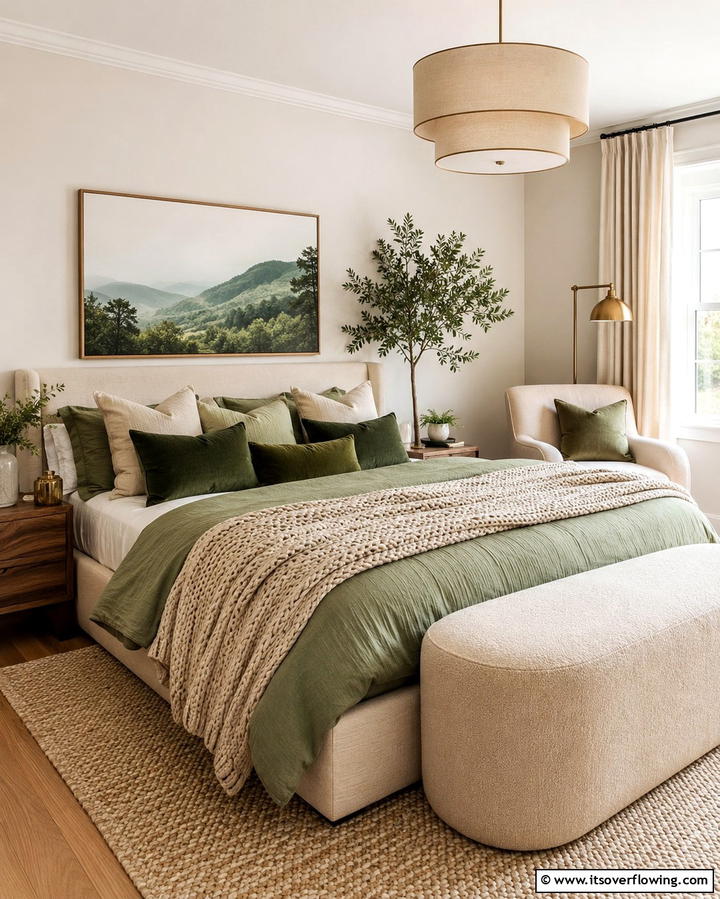 Layered Green and Beige Textiles - 25 Serene Green and Beige Bedroom Design Ideas