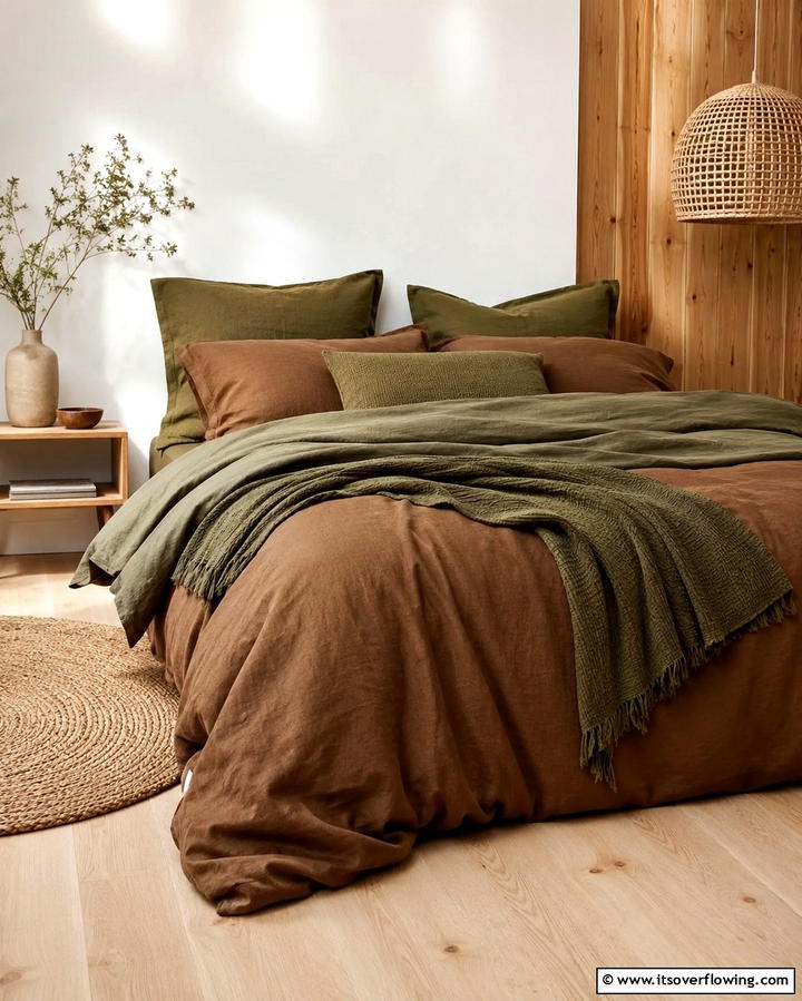 Layered Green and Brown Bedding - 25 Green and Brown Bedroom Ideas for Earthy Vibes