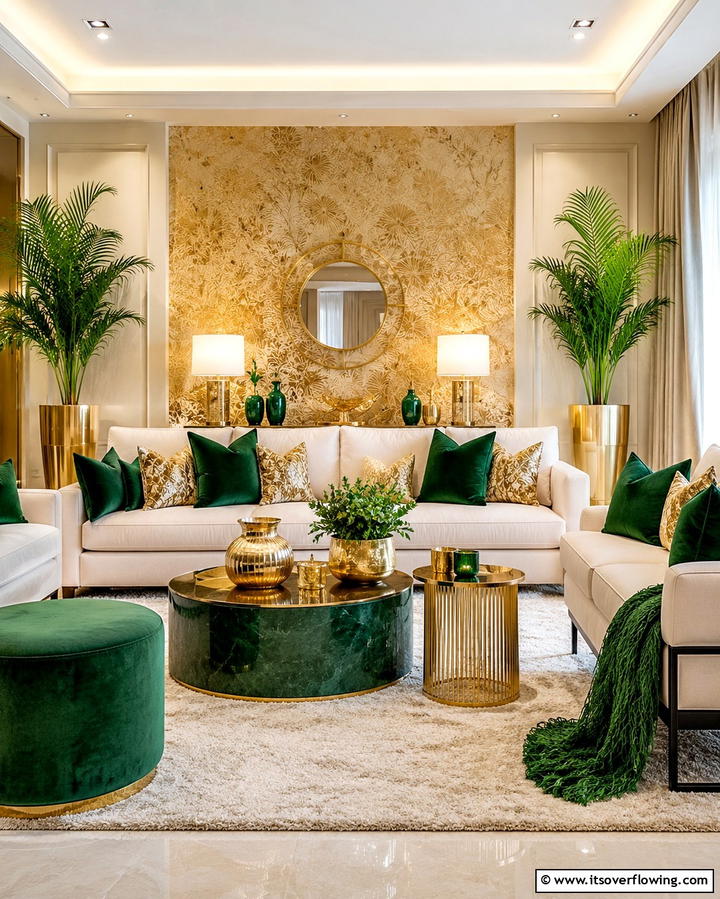Layered Green and Gold Textures - 25 Emerald Green and Gold Living Room Ideas for Luxury