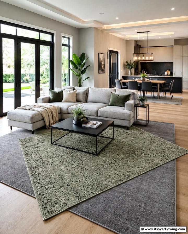 Layered Green and Grey Rugs - 25 Green and Grey Living Room Ideas for Modern Homes