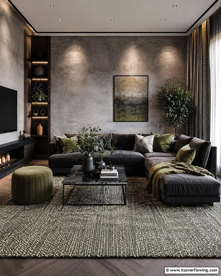 Layered Green and Grey Textures - 25 Green and Grey Living Room Ideas for Modern Homes