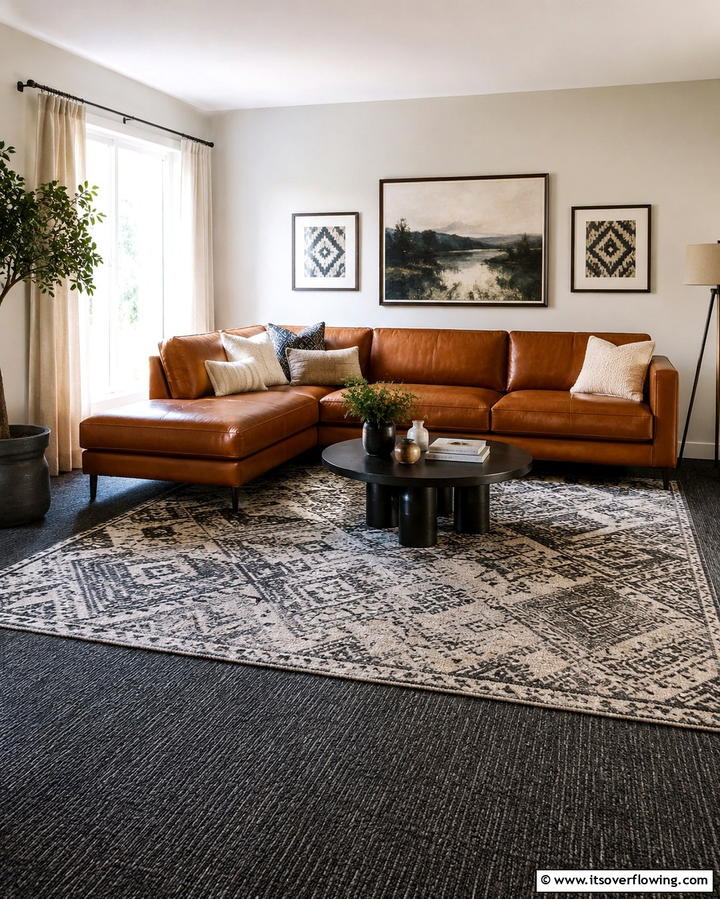 Layered Grey Carpet with Area Rugs - 30 Grey Carpet Living Room Ideas for Cozy Neutral Spaces