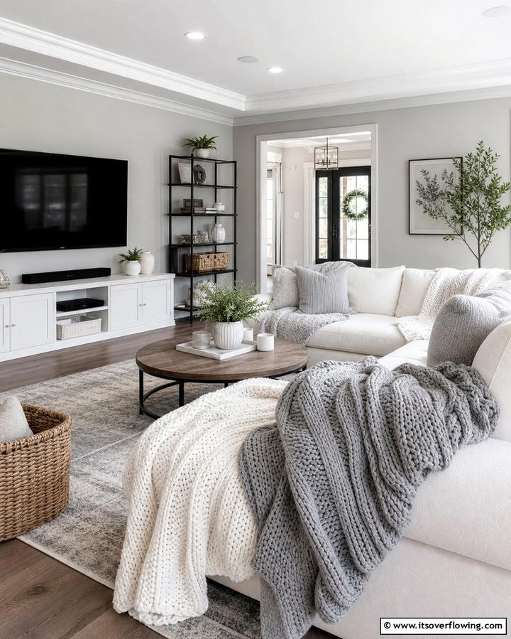 Layered Grey and White Throw Blankets - 25 Grey and White Living Room Ideas for Modern Homes