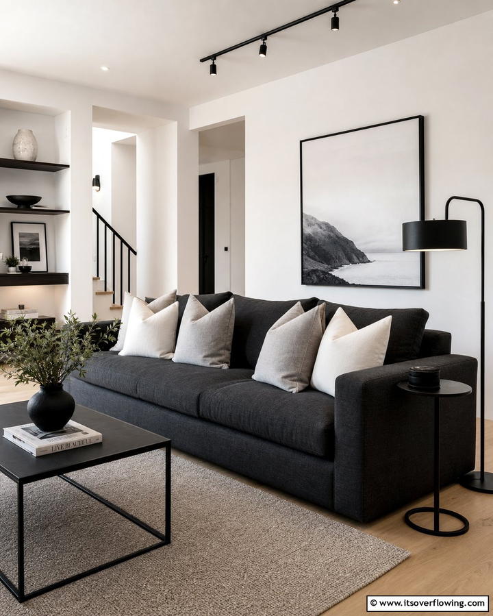 Layered Grey and White Throw Pillows - 25 Grey and White Living Room Ideas for Modern Homes