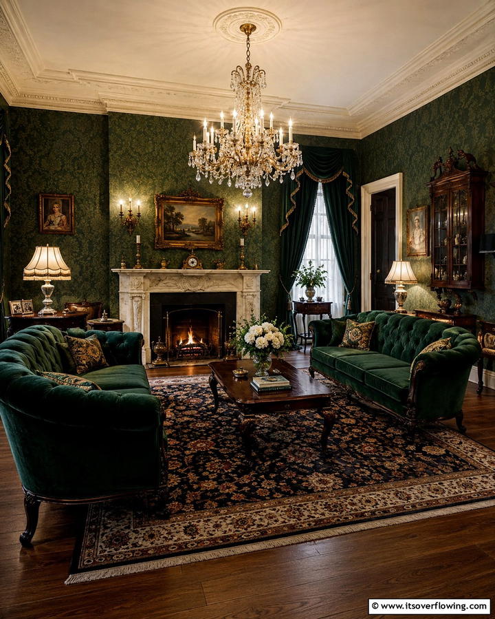 Layered Lighting - 25 Victorian Dark Green Living Room Ideas for Drama