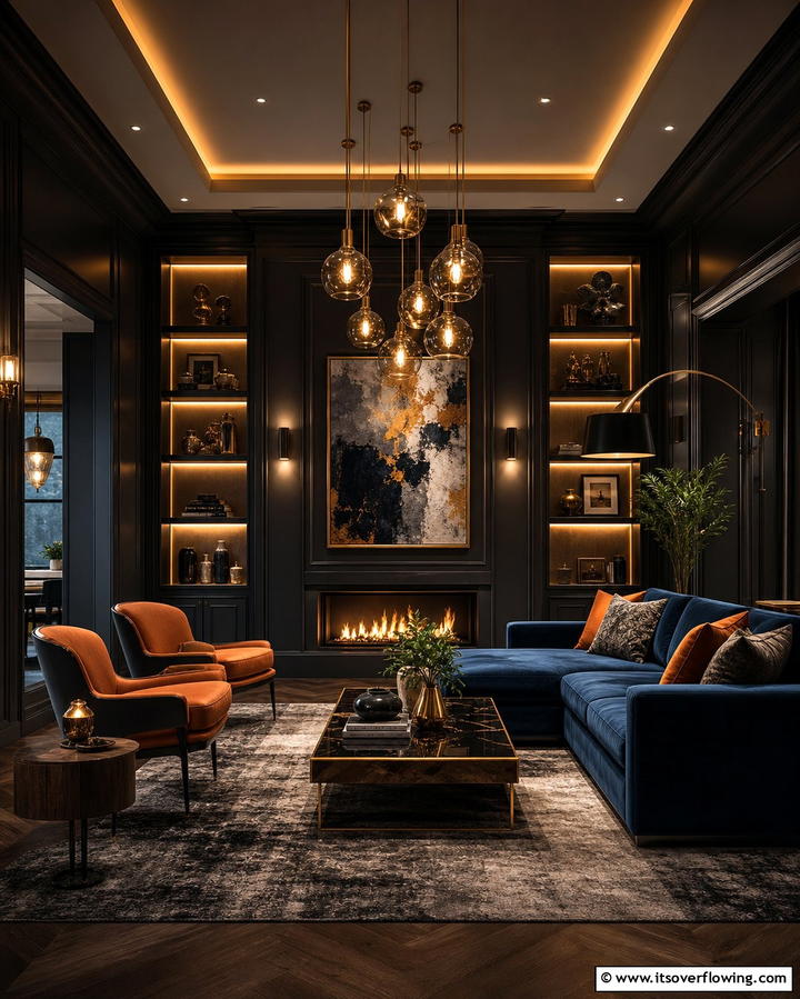 Layered Lighting - 25 Dark Living Room Ideas for a Moody and Chic Space