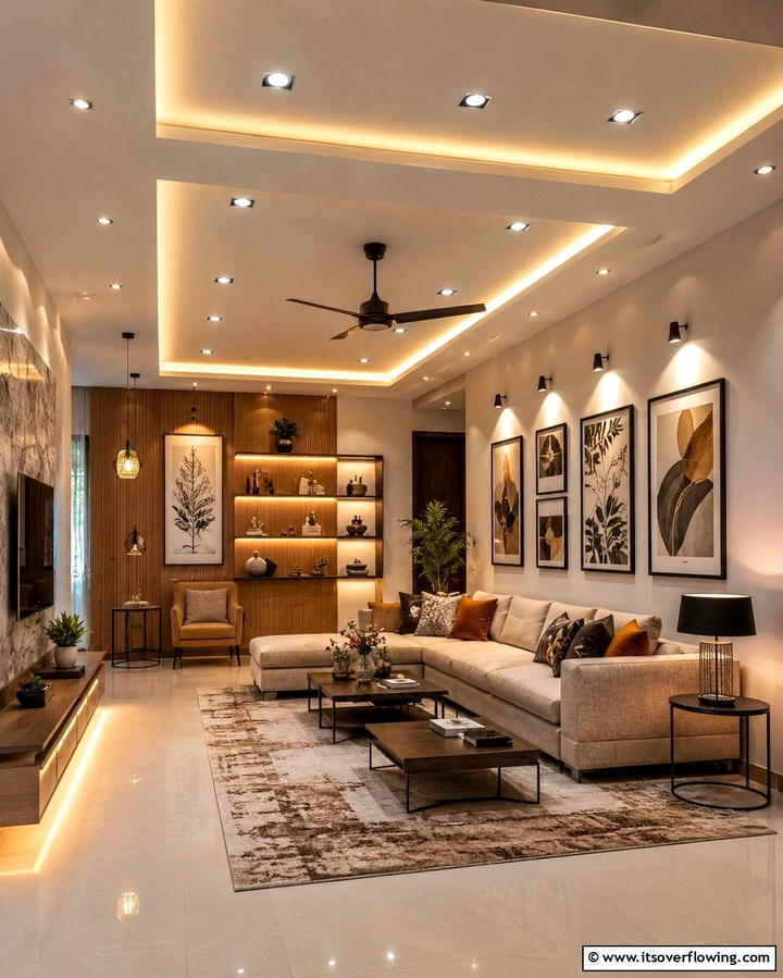 Layered Lighting Complexity - 30 Living Room Ceiling Lighting Ideas- Elevate Your Space