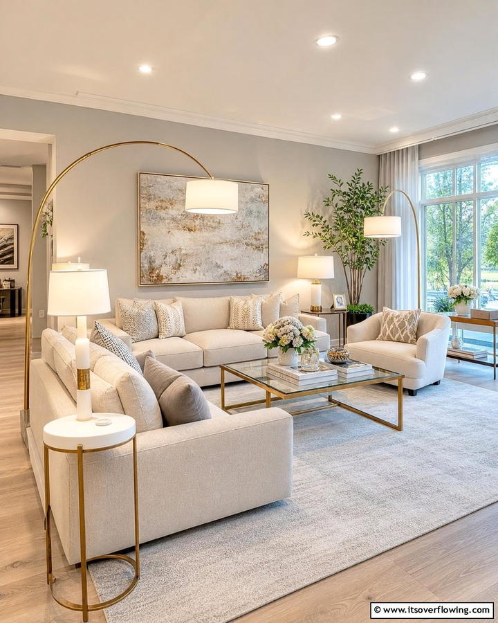 Layered Lighting Design - 30 Beige Couch Living Room Ideas for Neutral Elegance