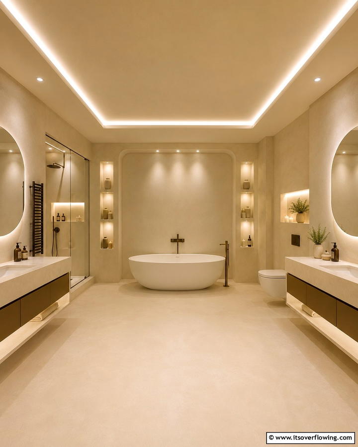 Layered Lighting Effects - 30 Beige Bathroom Ideas for Timeless and Serene Design Schemes