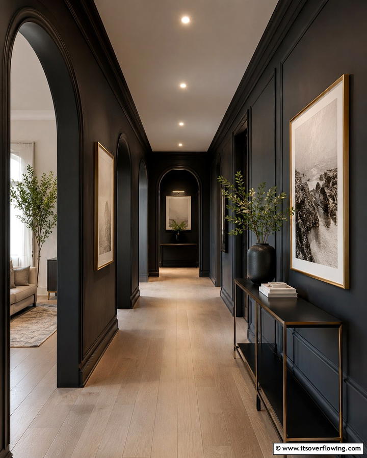 Layered Lighting Effects - 30 Black Hallway Ideas for Dramatic and Sophisticated Spaces