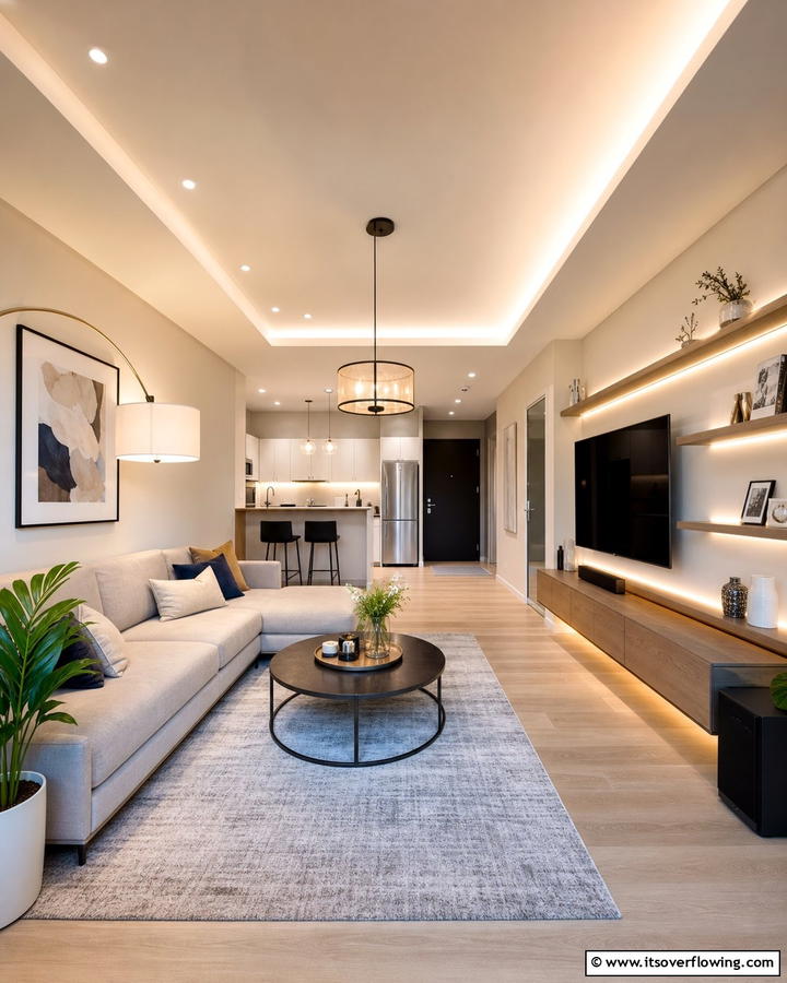 Layered Lighting Effects - 21 Small Apartment Living Room Ideas for Compact Spaces