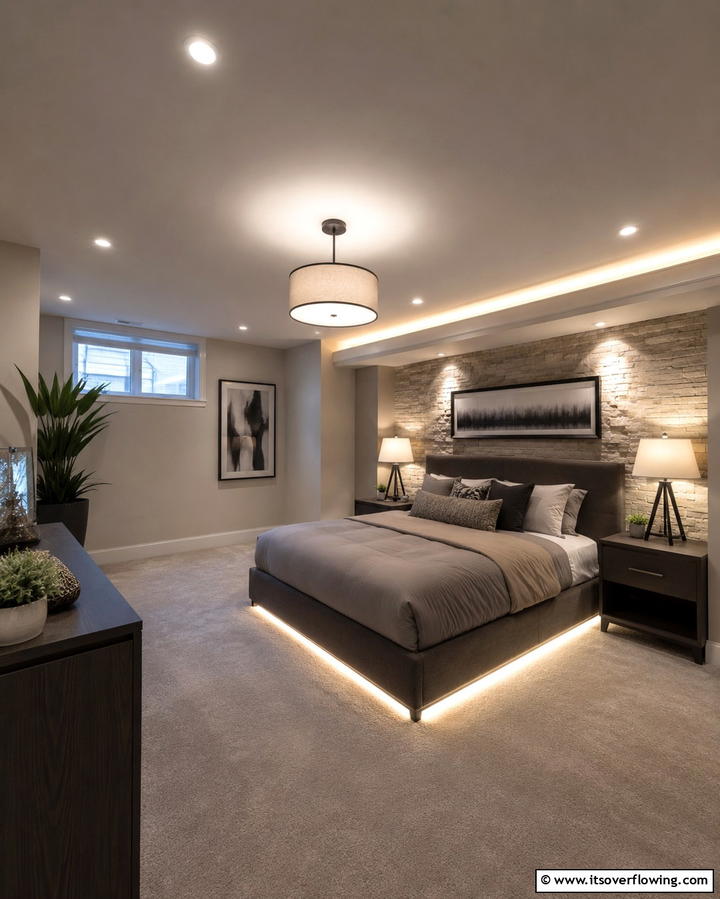 Layered Lighting for Ambiance - 25 Basement Bedroom Ideas for Cozy and Functional Spaces